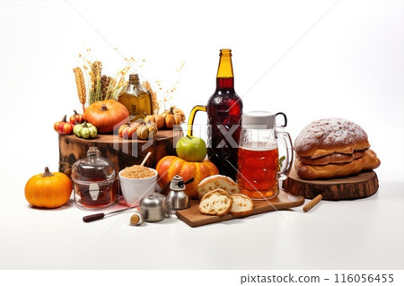 Groceries including vegetables, beer, bakery isolated on white background Groceries including vegetables, beer, bakery isolated on white background 116056455