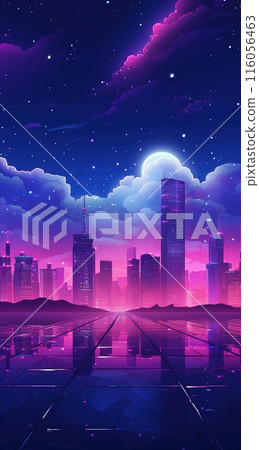 Night city with neon glow and vivid colors. Modern skyscrapers against the sky. Futuristic cyberpunk urban landscape wallpaper. Night city with neon glow and vivid colors. Modern skyscrapers against the sky. Futuristic cyberpunk urban landscape wallpaper. 116056463