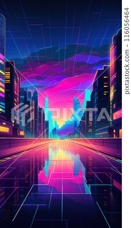 Night city with neon glow and vivid colors. Modern skyscrapers against the sky. Futuristic cyberpunk urban landscape wallpaper. Night city with neon glow and vivid colors. Modern skyscrapers against the sky. Futuristic cyberpunk urban landscape wallpaper. 116056464