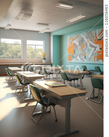 First day of school. Interior of modern class elementary, middle school or high school without teacher and students. Bright school room with desks, chairs and blackboard. First day of school. Interior of modern class elementary, middle school or high school without teacher and students. Bright school room with desks, chairs and blackboard. 116056465