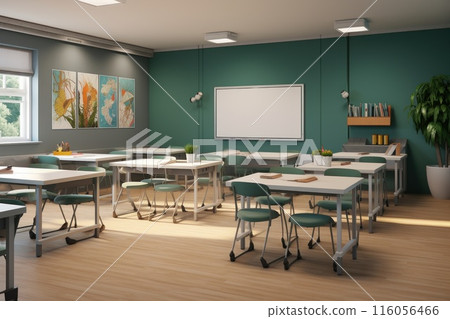First day of school. Interior of modern light class elementary, middle school or high school without people. Bright school room with desks and blackboard. First day of school. Interior of modern light class elementary, middle school or high school without people. Bright school room with desks and blackboard. 116056466
