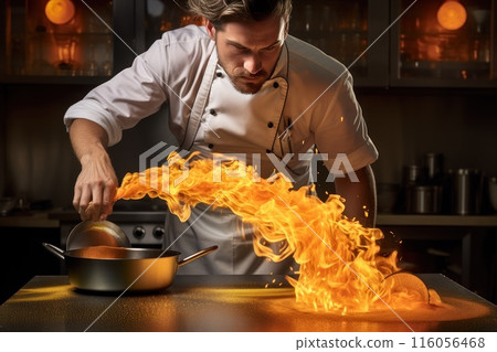 A chef in a white work uniform and a chef's hat prepares a dish in a frying pan with fire. The restaurant's kitchen. A man is frying food on the stove. 116056468