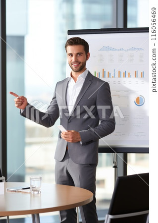 A man in formal wear is presenting in front of a whiteboard, wearing suit trousers, dress shirt, blazer, making gestures 116056469