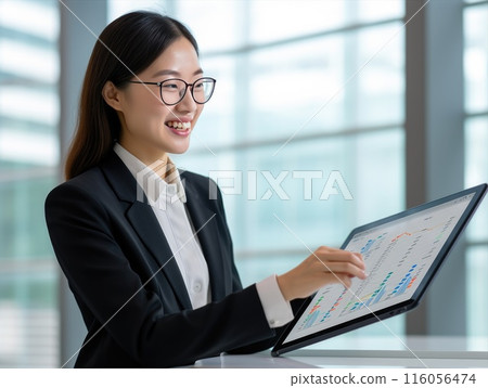 A woman in a blazer and glasses smiles while using a tablet device at a table 116056474