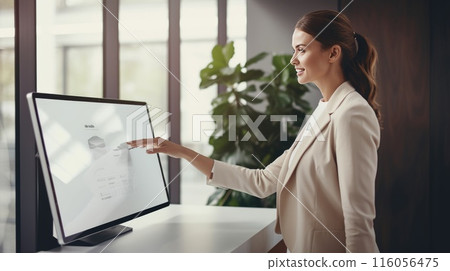 A woman is smiling at her computer monitor on a desk 116056475