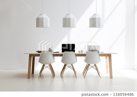 Wooden office table with chairs and laptop in an interior design setting Wooden office table with chairs and laptop in an interior design setting 116056486