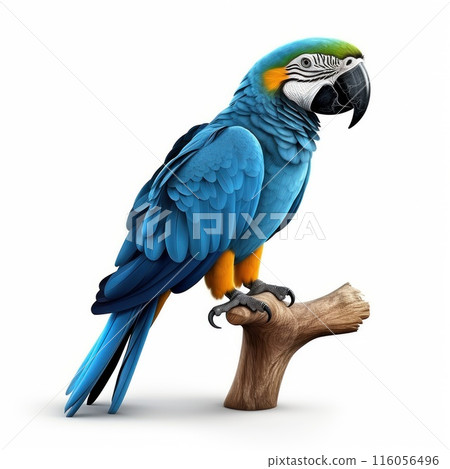 Blue and yellow Macaw parrot isolated on white background. A large exotic bird. 116056496