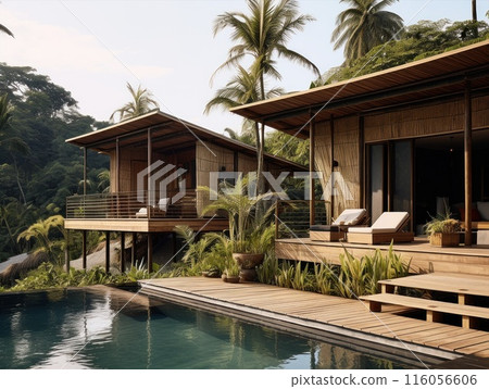 A spa hotel in the jungle. A relaxation area by the pool  116056606