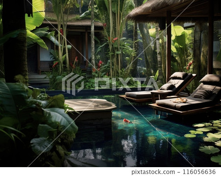 A spa hotel in the jungle. A relaxation area by the pool 116056636