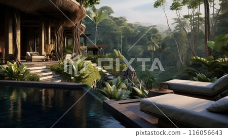 A spa hotel in the jungle. A relaxation area by the pool 116056643