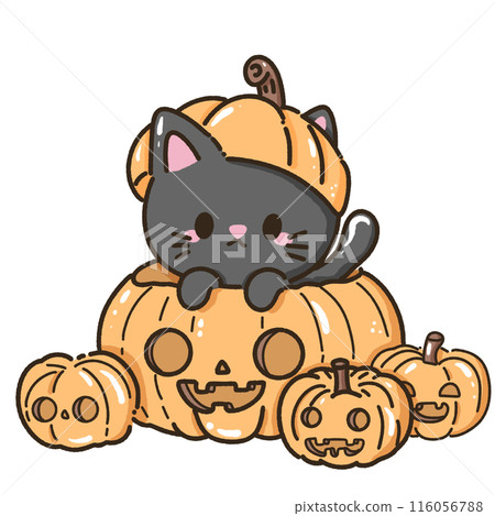 Hand drawn illustration kawaii black cat halloween themed poking up from a giant pumpkin jack o lantern Hand drawn illustration kawaii black cat halloween themed poking up from a giant pumpkin jack o lantern 116056788