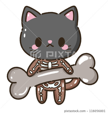 Hand drawn illustration kawaii black cat Halloween themed dressed as a skeleton holding a giant bone Hand drawn illustration kawaii black cat Halloween themed dressed as a skeleton holding a giant bone 116056801