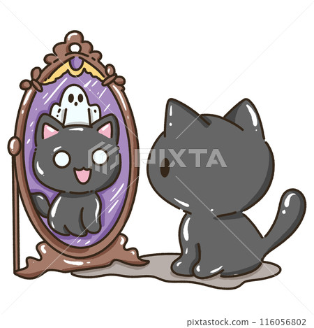 Hand drawn illustration kawaii black cat halloween themed looking at itself in the mirror seeing a little ghost Hand drawn illustration kawaii black cat halloween themed looking at itself in the mirror seeing a little ghost 116056802