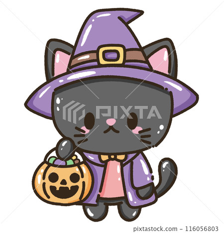 Hand drawn illustration kawaii black cat halloween themed dressed a witch holding a pumpkin basket with candies 116056803