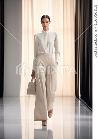 A woman in stylish white outfit gracefully walks the runway, radiating elegance and style 116056819