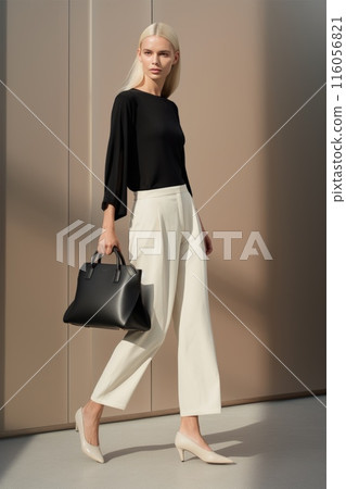 Elegant woman in black top, white pants, holding black handbag. Stylish, modern, confident Elegant woman in black top, white pants, holding black handbag. Stylish, modern, confident 116056821