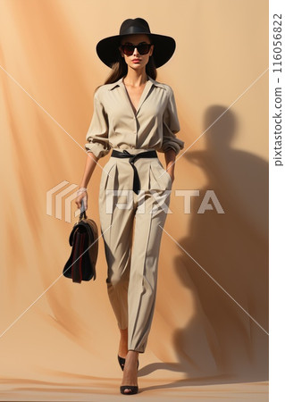 Stylish Woman in Beige Jumpsuit with Hat and Sunglasses exudes elegance and confidence Stylish Woman in Beige Jumpsuit with Hat and Sunglasses exudes elegance and confidence 116056822