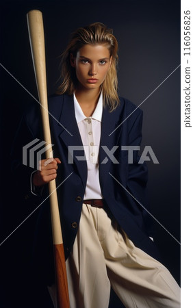 Stylish woman looks confident in an oversized suit jacket, sporty chic, with a baseball bat Stylish woman looks confident in an oversized suit jacket, sporty chic, with a baseball bat 116056826