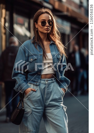 A stylish woman in a chic blue denim outfit exudes confidence and modern style on the city street A stylish woman in a chic blue denim outfit exudes confidence and modern style on the city street 116056836