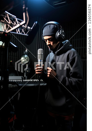 A male singer is recording vocals in a music studio using a microphone and wearing headphones. The rap artist is recording a new album 116056874