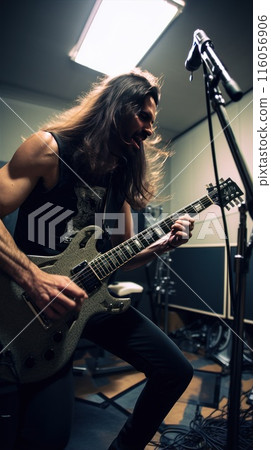 An energetic rock guitarist is performing live in the studio with a powerful expression An energetic rock guitarist is performing live in the studio with a powerful expression 116056906