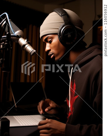 A man is sitting in front of a microphone with headphones on, ready to entertain with music. The audio equipment and peripherals create an immersive experience for 116056912