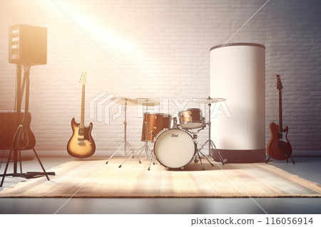Music studio with is fully set up with a drum set, guitars, and sound equipment, all ready for playing, recording gear, soundproof room for creative performances 116056914