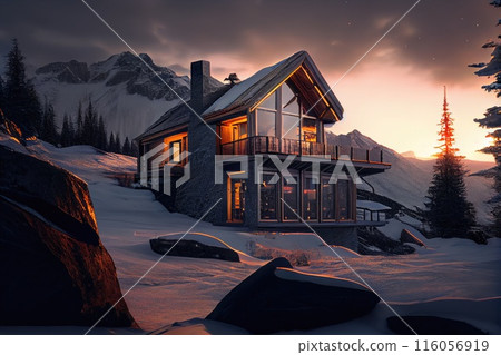 Winter landscape. Ski resort. Houses in mountains. 116056919