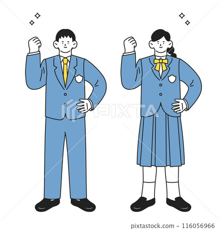 A full-body set of male and female students in uniforms making a guts pose with a positive and powerful expression 116056966