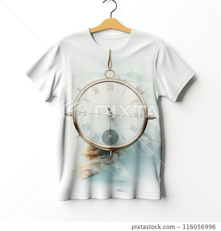 White T-shirt with a clock print isolated on white background. White T-shirt with a clock print isolated on white background. 116056996