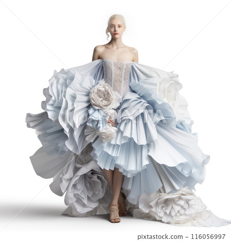 A young woman in a white dress. Silk outfit flowing fabric. The ball gown is a fashionable design. A young woman in a white dress. Silk outfit flowing fabric. The ball gown is a fashionable design. 116056997