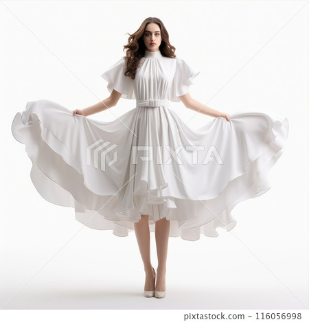 A young woman in a white dress. Silk outfit flowing fabric. The ball gown is a fashionable design. A young woman in a white dress. Silk outfit flowing fabric. The ball gown is a fashionable design. 116056998