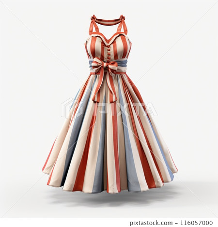 Lightweight vintage dress with striped print. Retro outfit isolated on white background. 116057000