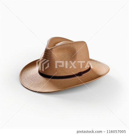 Straw fedora hat isolated. Summer hat with ribbon. 116057005