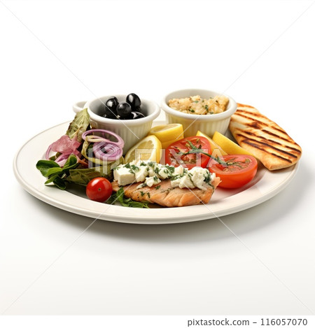 Groceries including vegetables, fruits, bakery isolated on white background 116057070