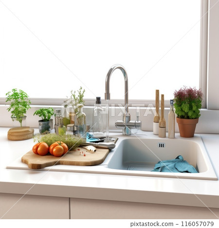 A kitchen sink sits on a countertop next to a window 116057079