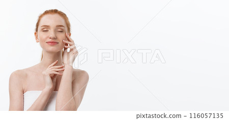 Beautiful woman female skin care healthy hair and skin close up face beauty portrait. 116057135