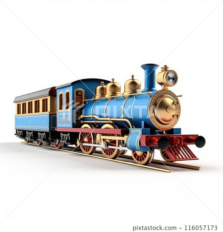 A blue and gold toy train on tracks, rolling on a white background 116057173