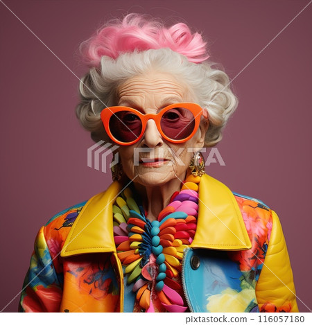 The woman wears vibrant jacket and sunglasses, adding flair to her style The woman wears vibrant jacket and sunglasses, adding flair to her style 116057180