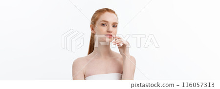 Beautiful woman female skin care healthy hair and skin close up face beauty portrait. 116057313