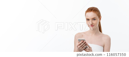 portrait of beautiful girl with phone conversation. Isolated on light white background 116057350