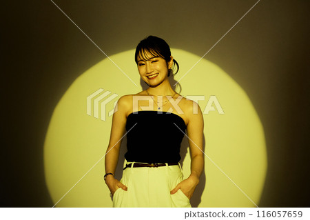 Female portrait using light and shadow color lighting Female portrait using light and shadow color lighting 116057659