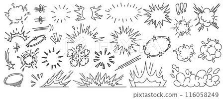 Comic boom effect. Cartoon vector bomb burst. Bang and pow splashes. Doodle smoke and speed energy lines. Action crash hand drawn graphic Comic boom effect. Cartoon vector bomb burst. Bang and pow splashes. Doodle smoke and speed energy lines. Action crash hand drawn graphic 116058249