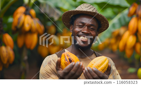 African farmer offers cacao fruits. Man stands in the garden, among cacao trees, holds ripe appetizing cacao fruits and smiles, portrait African farmer offers cacao fruits. Man stands in the garden, among cacao trees, holds ripe appetizing cacao fruits and smiles, portrait 116058323