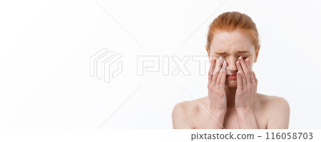 Portrait sad serious young woman with disappointed facial expression.. isolated on white background, looking at camera 116058703