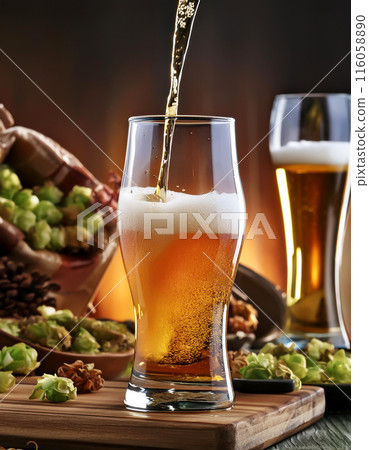 生啤酒倒入玻璃杯中 116058890