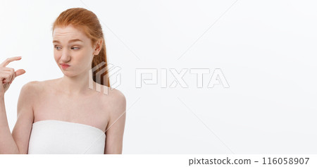 Portrait sad serious young woman with disappointed facial expression.. isolated on white background, looking at camera 116058907