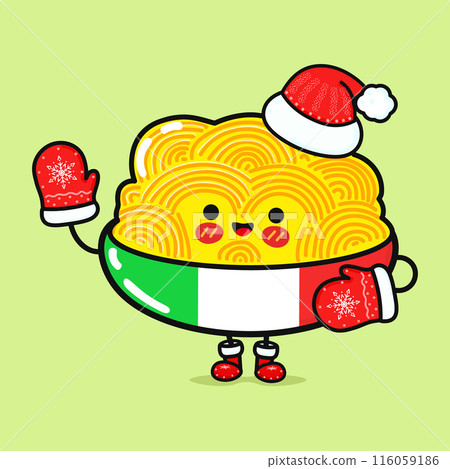 Smiling happy Plate of Spaghetti and christmas. Vector flat cartoon character illustration icon design. Isolated on green background Smiling happy Plate of Spaghetti and christmas. Vector flat cartoon character illustration icon design. Isolated on green background 116059186