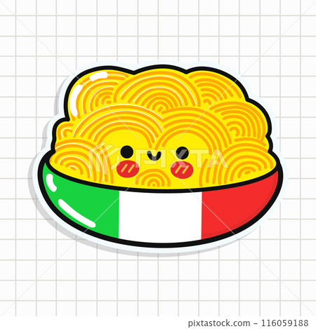 Cute Plate of Spaghetti sticker character. Vector hand drawn cartoon kawaii character illustration icon. Fun Plate of Spaghetti sticker character concept 116059188
