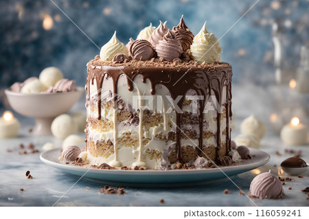 Chocolate cream cake. Birthday or celebration cake. Cake with cocoa and chocolate cream on a holiday background. 116059241
